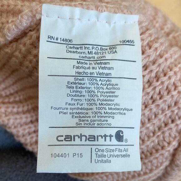 Carhartt Pink Knit Beanie with Gray Pom Leather Logo Excellent Condition! - Picture 6 of 9